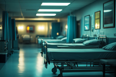 Close up of hospital beds with professional color grading and soft shadows in a clean room settingの写真素材