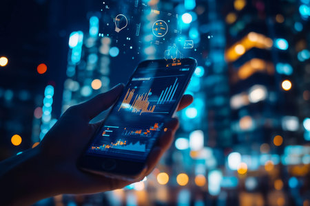 Ai driven marketing insights an iPhone displays data analysis amid urban dynamics and tech icons