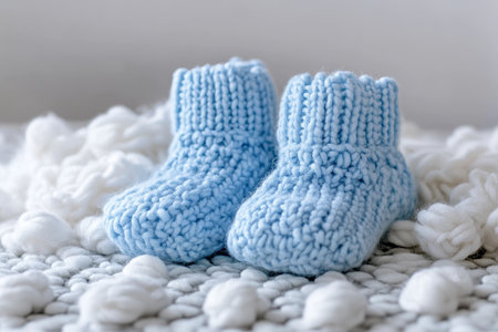 Close up of baby boots on table with pastel blue colors for baby boy against white backgroundの写真素材