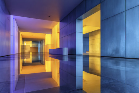 Modern art gallery interior with blue, yellow, and purple colors and geometric minimalist designの写真素材