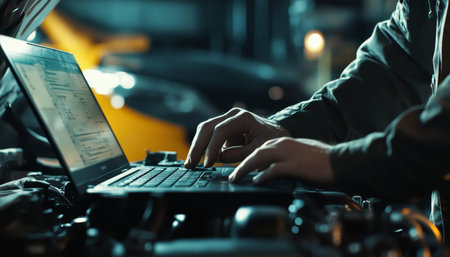 Mechanic analyzing car engine with laptop close up of hands and screen in auto service setting