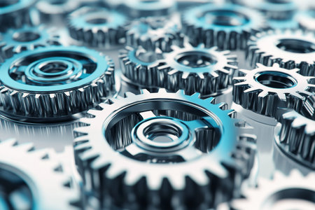 Close up 3d render of blue and white gears with light reflection on metal surface, perspective view