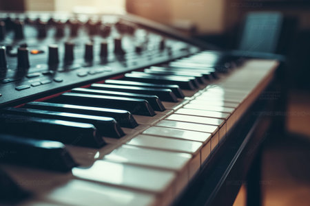 Intimate view of a music production studio featuring a mixing console and digital audio workstationの写真素材