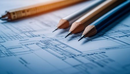 Close up of blueprint with technical drawing tools for engineering project design and workspaceの写真素材
