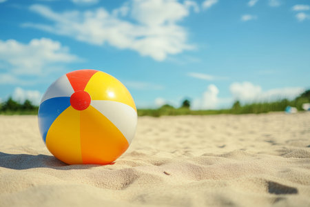 Vibrant beach ball on sunlit sand perfect summer vacation background with ample copy spaceの写真素材