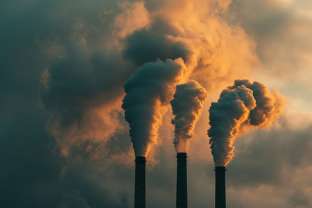 Industrial smoke emission from chimneys representing air pollution and global warming challengesの写真素材