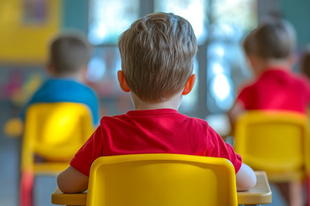 Young boy at kindergarten desk surrounded by colorful classmates in a cheerful classroom settingの写真素材