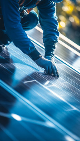 Electrician installing solar panels on roof, highlighting energy sharing in green technology