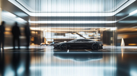 3d rendering of a luxury car in an elegant showroom with abstract design and modern elements.