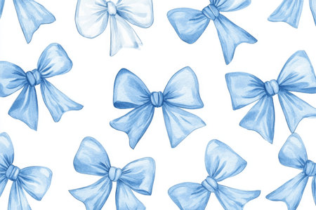 Playful watercolor bows seamless pattern in soft blue for whimsical nursery art designの写真素材