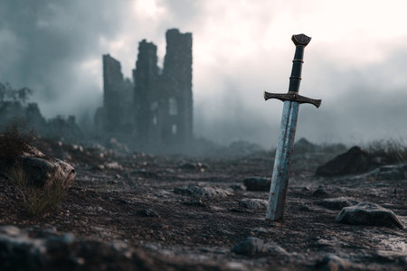 A medieval sword embedded in earth amidst ancient ruins and foggy battlefield in fantasy styleの写真素材