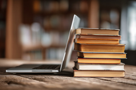Laptop and books on a wooden table ideal setup for online learning and modern school librariesの写真素材