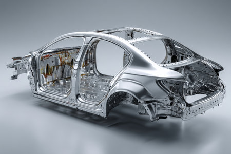 Photorealistic image of isolated aluminum car frame on gray background for design useの写真素材