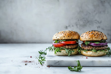 Gourmet burger presented on a marble board with soft shadows and natural studio lightingの写真素材