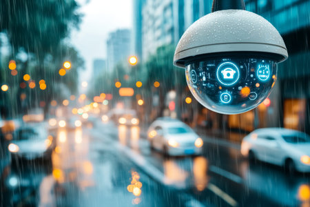 Close up of a smart outdoor camera with security, traffic, and weather icons in rainy city streets