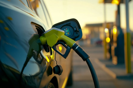 Close up of green gas pump dispensing yellow fuel at sunset, symbolizing energy and determinationの写真素材