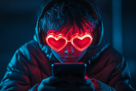 A boy with heart shaped glasses enjoys gaming in a cyberpunk valentine's day atmosphere