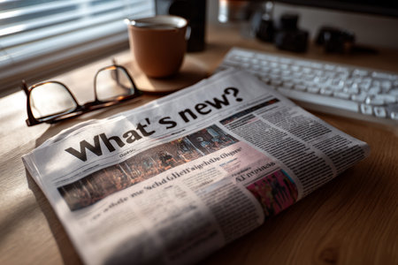 Coffee and glasses beside a newspaper d what's new on a modern desk with a keyboardの写真素材