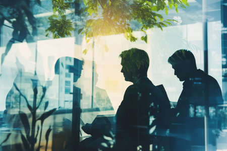 Collaborative business team working in a modern office with double exposure effect for banners