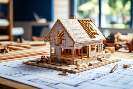 Architectural model of a house on blueprint surrounded by building materials and toolsの写真素材
