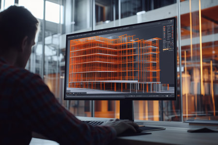 Architectural designer analyzing building model on computer in modern industrial office setting
