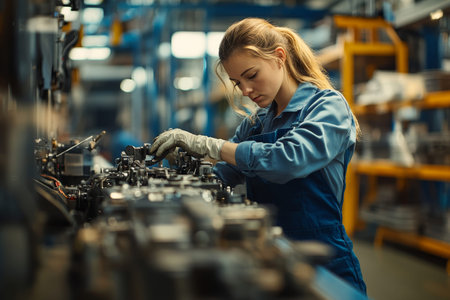 Female mechanic in blue overalls working on car engine parts amidst an organized auto component line