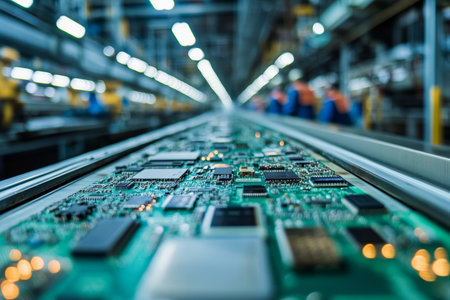 Revolutionary electronic waste recycling workers processing circuit boards in a production lineの写真素材
