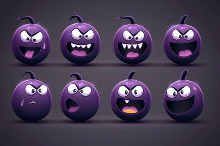 Adorable dark purple bomb characters with expressions for casual mobile game art on gray backgroundの写真素材