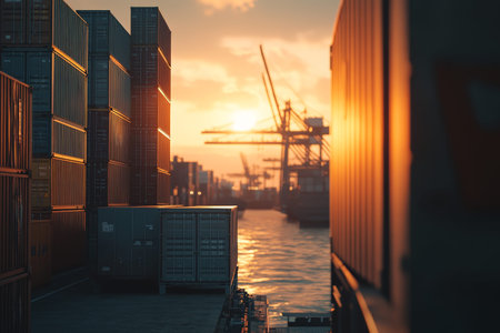 Close up of cargo container on truck at port with shipyard and crane in sunset for logistics