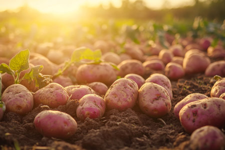 Golden sunset illuminates a rustic potato field with red potatoes in a cinematic sceneの写真素材