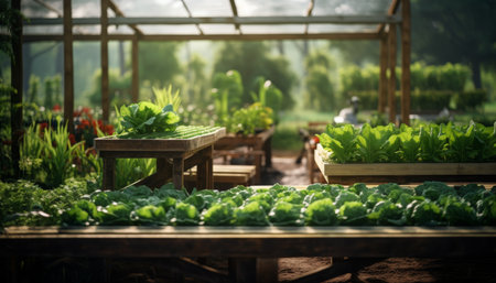 A picturesque greenhouse with lush vegetables and a rustic wooden table bathed in golden lightの写真素材