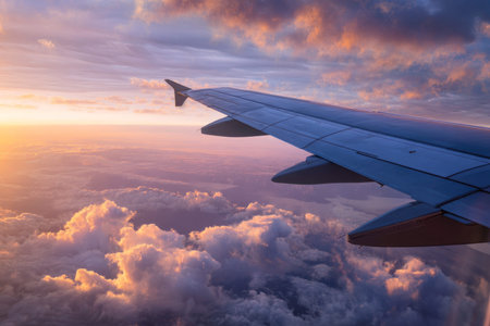 Captivating airplane wing silhouette against a stunning sunset sky and clouds in flight