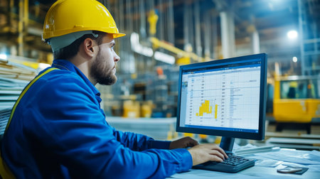 Construction worker in blue and yellow analyzing gantt chart on computer at busy site