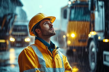 Portrait of a male worker in a hard hat standing in the rain.