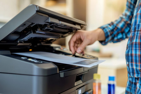 Man in blue plaid shirt using photocopier with colorful ink bottle in modern office setting