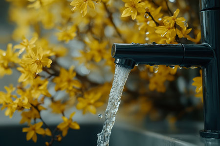 Close up of a black kitchen faucet with water flowing into a gray sink surrounded by yellow flowersの写真素材