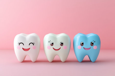 Charming 3d render of adorable tooth characters on soft pastel background in three delightful huesの写真素材
