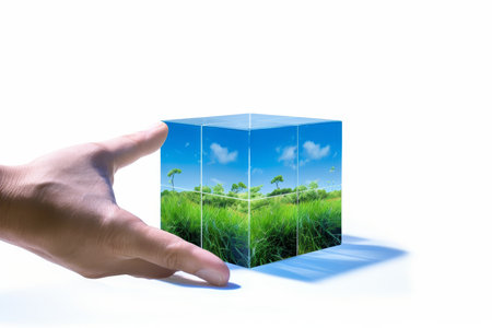 Hand adding final piece to blue cube with nature images symbolizing green technology progressの写真素材