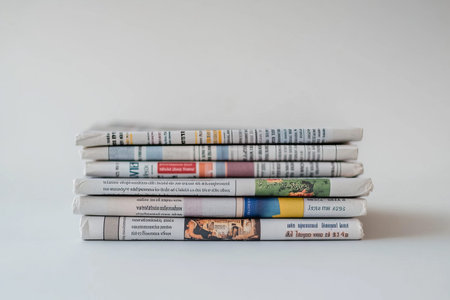 Colorful stack of newspapers on white background highlighting media s role in communication