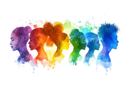 Diverse group celebrating lgbtq pride with colorful watercolor art on white backgroundの写真素材