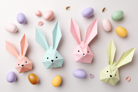 Charming easter banner featuring adorable origami bunnies and colorful eggs on a white background