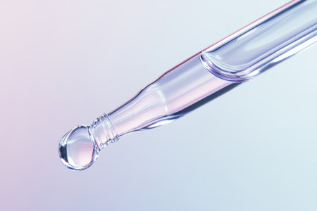 Elegant close up of a glass pipette with transparent liquid on pale background in soft lightingの写真素材