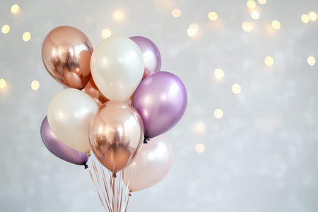 Festive metallic balloons in rose gold, white, and purple with bokeh lights for celebrations