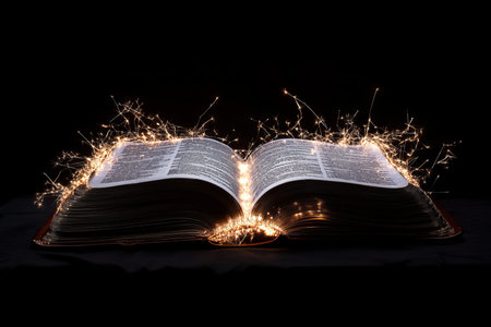 Glowing open bible on black background, symbolizing wisdom and spiritual power within its pages