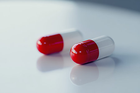 Close up of two white and red capsule pills on a white table with soft shadows and sharp focus
