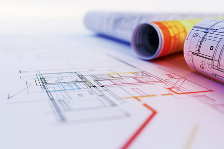 Close up of house construction blueprints with colorful gradient energy performance label concept