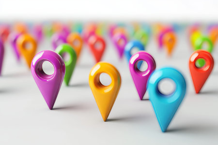 Vibrant 3d render of stylish location pins on white background with minimalist design and shadows