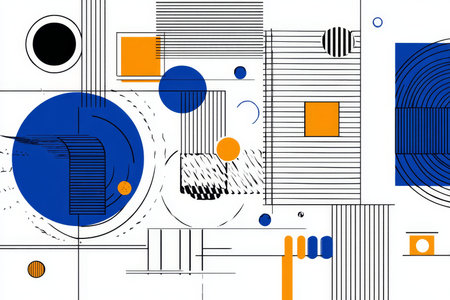 Abstract geometric art featuring blue and orange shapes on a white background in modern style