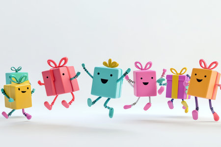 Charming 3d cartoon characters made of colorful gift boxes running on a white background