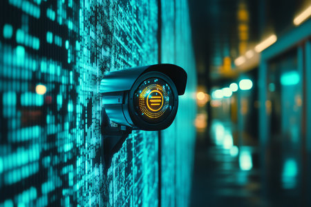 Cctv camera with glowing digital code display illustrating advanced security technology conceptの写真素材